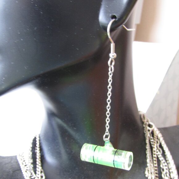 Spirit Bubble Level Long Chain Upcycled Funny Joke Earrings - Picture 2 of 4